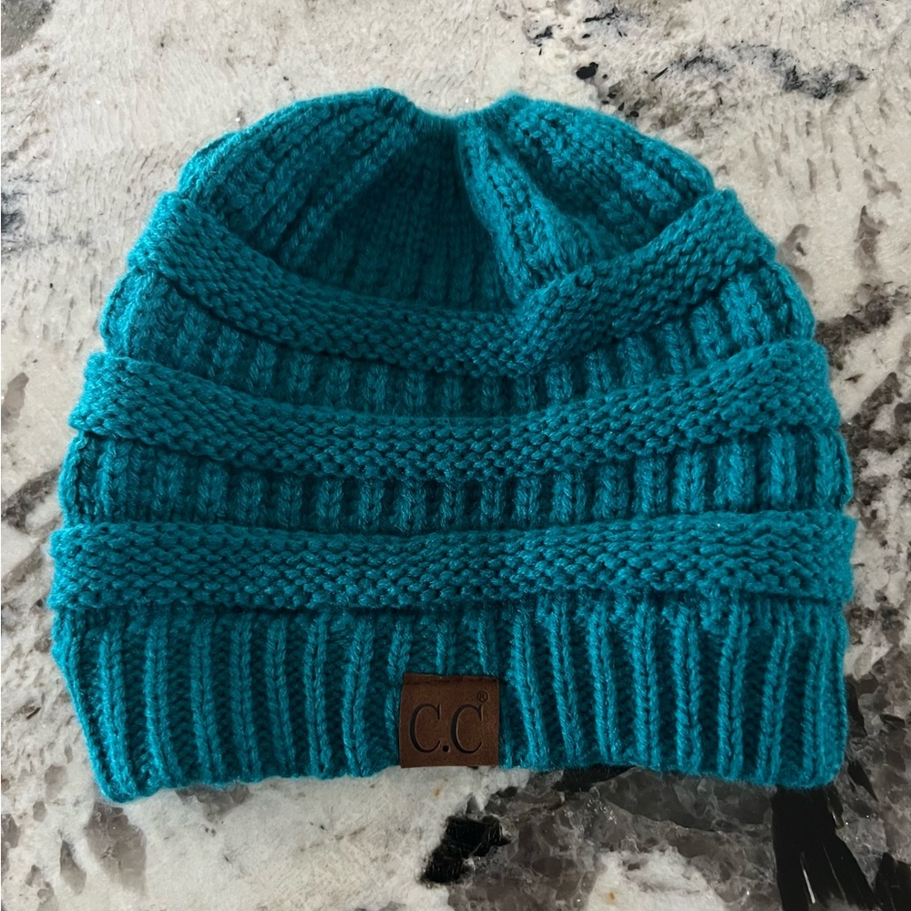C.C  Teal Knit Beanie with ponytial